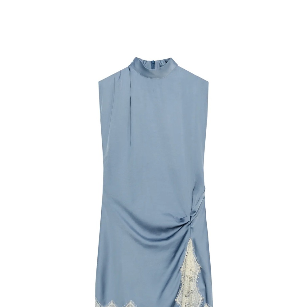 Zara Dusty Blue Sleeveless Lace-Trim Slip Dress